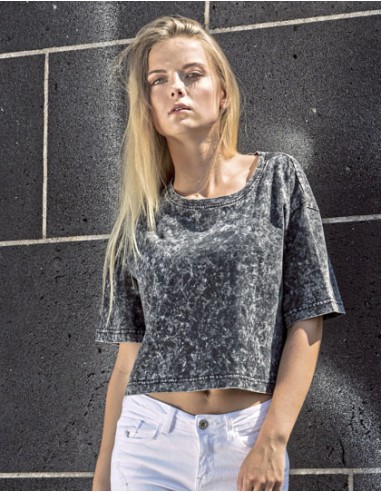 BUI-BY054-Ladies Acid Washed Cropped Tee